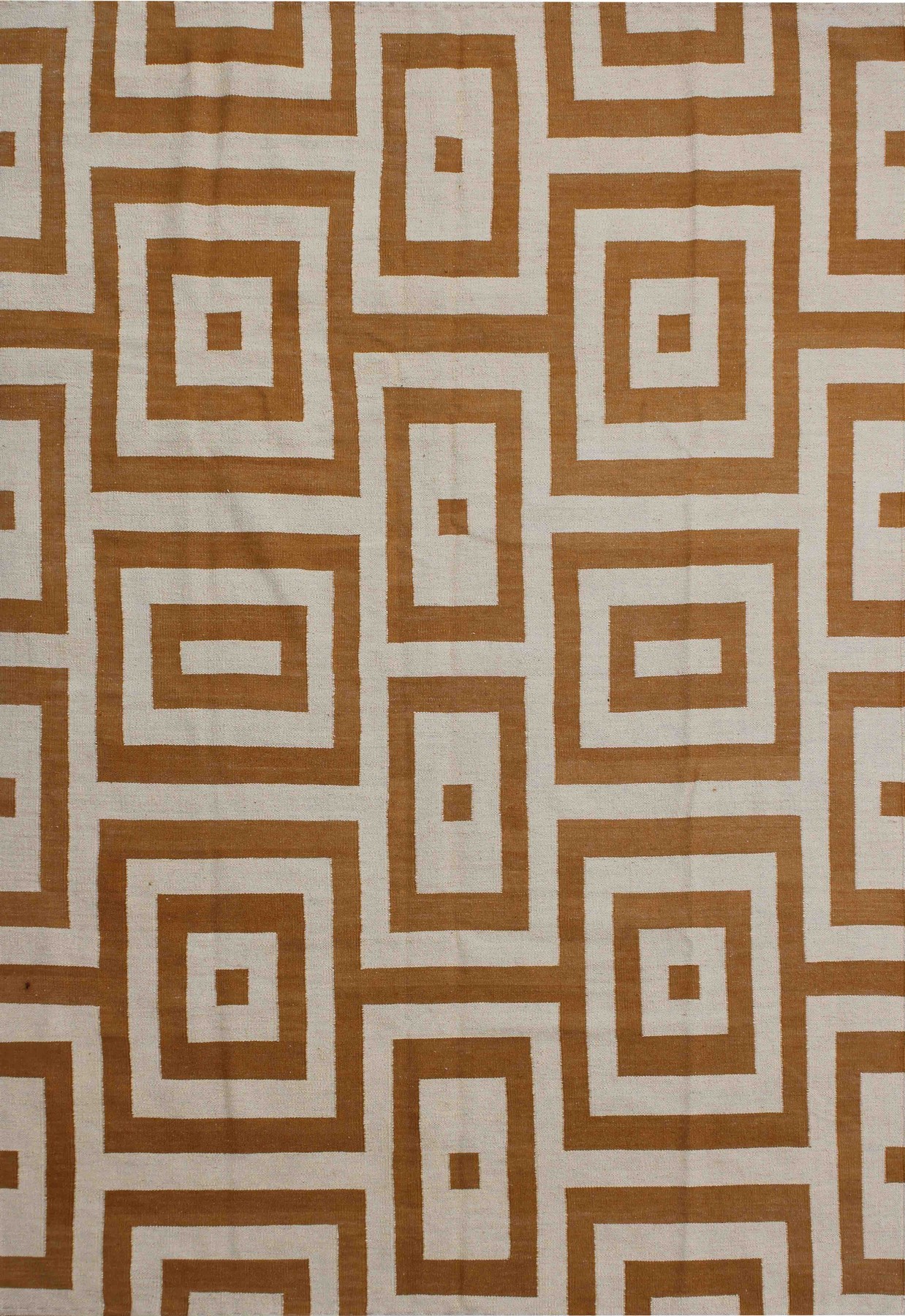 Patroon van ineengeschoven vierkanten in bruin en wit, met herhaalde geometrische vormen over het hele doek.